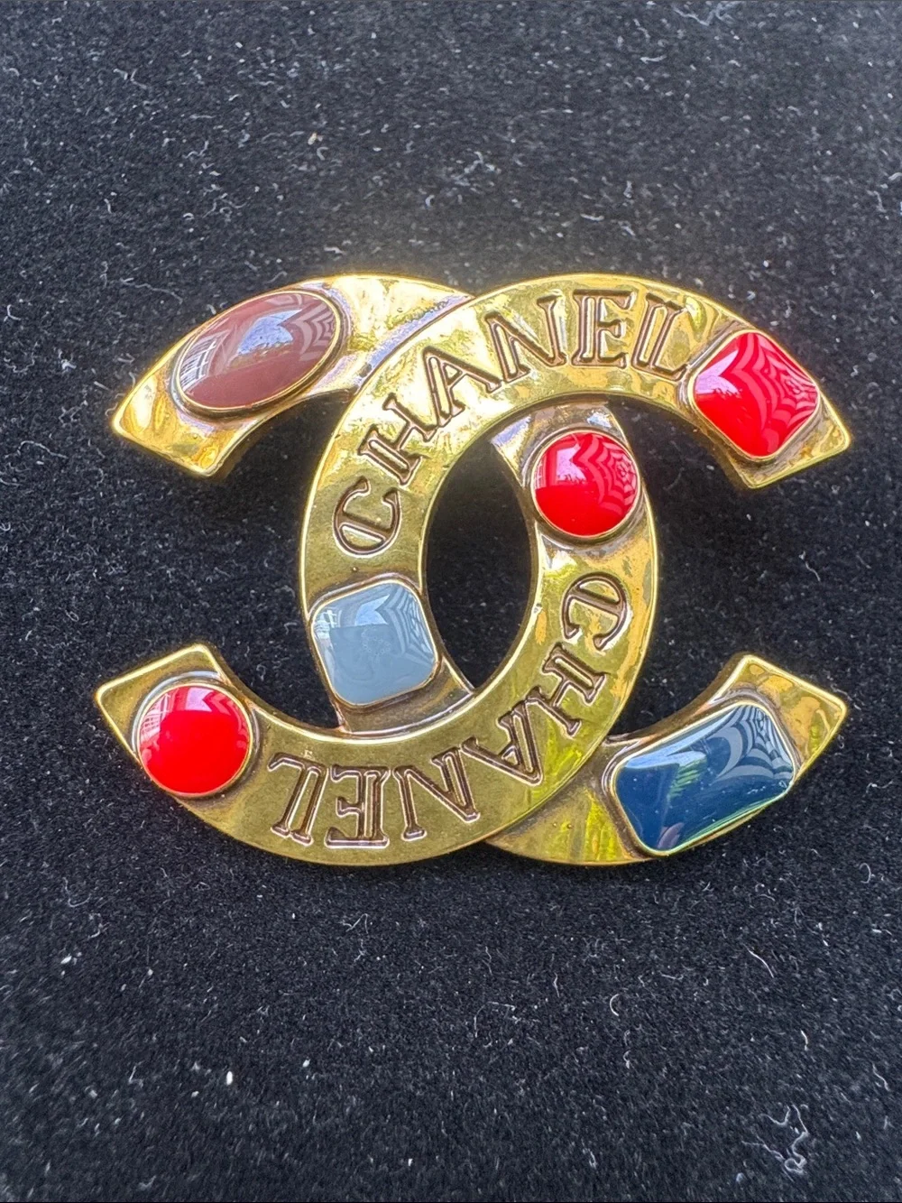 Brooch Gold-Tone CC Logo  with Red, Blue, Gray Cabochons